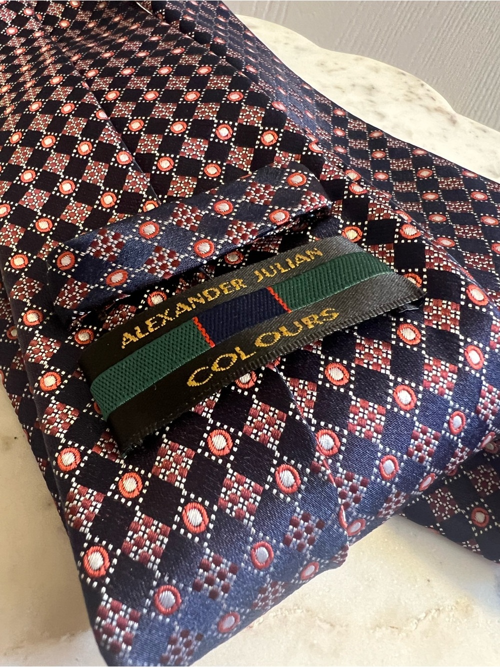 Alexander Julian Silk Black Tie with Red Geometric Medallions - Picture 2 of 5